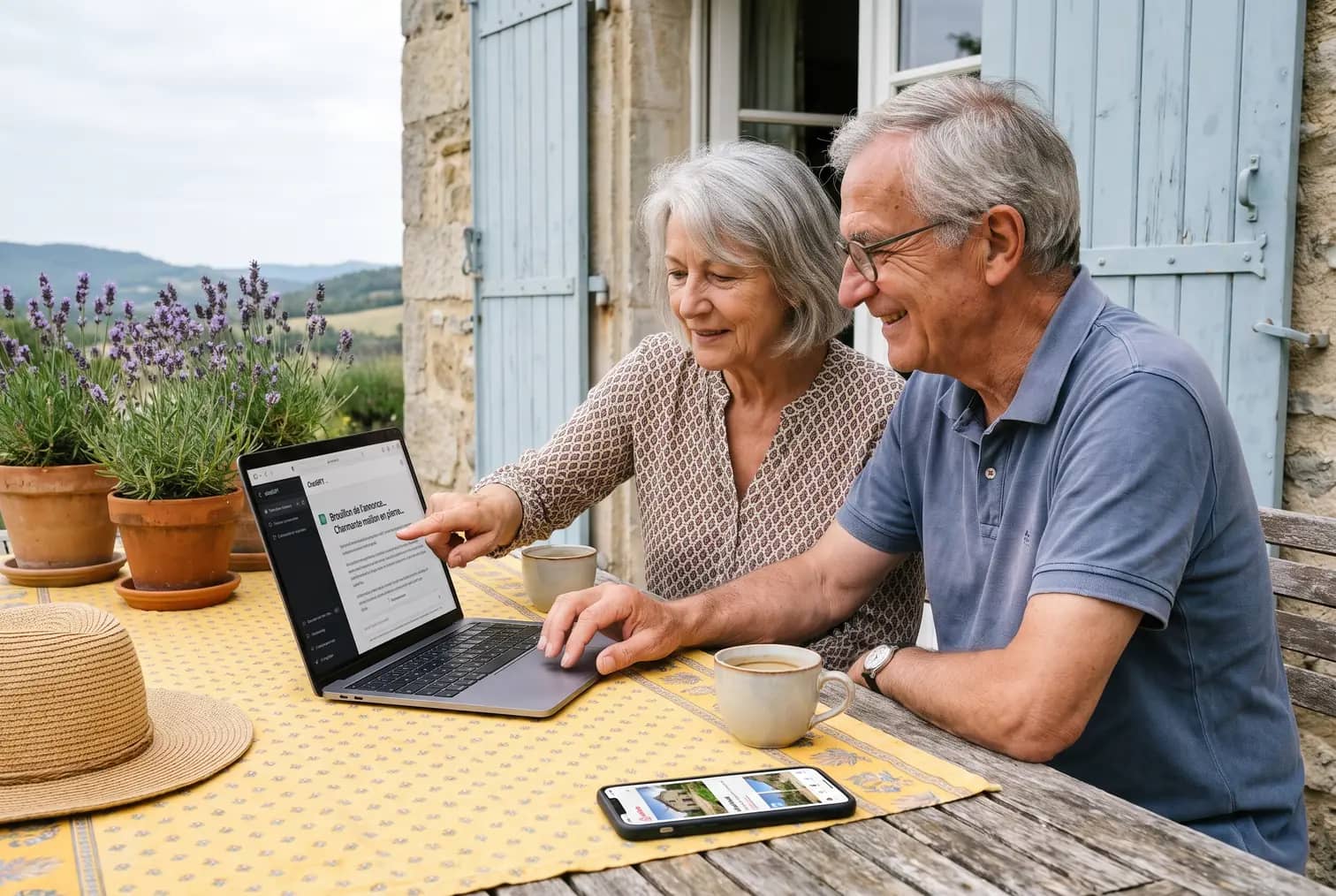 Un couple de jeunes retraités prépare sur la terrasse de son gîte l'annonce Airbnb, rédigée avec ChatGPT