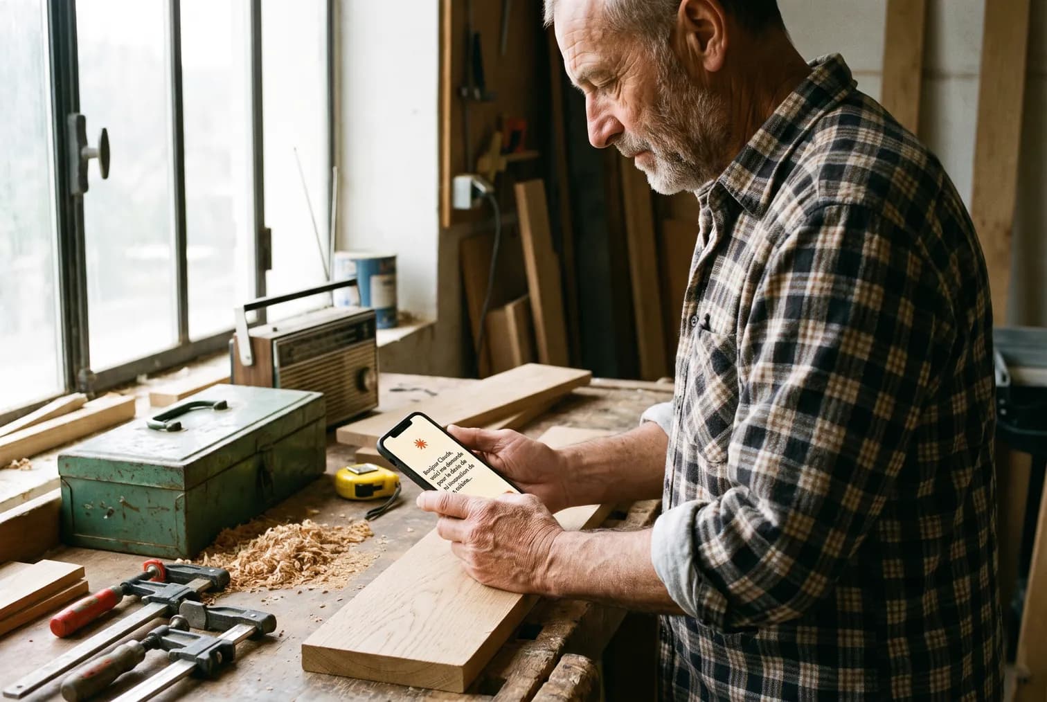 Un ancien artisan d'une soixantaine d'années lit sur son téléphone un devis de rénovation rédigé avec Claude