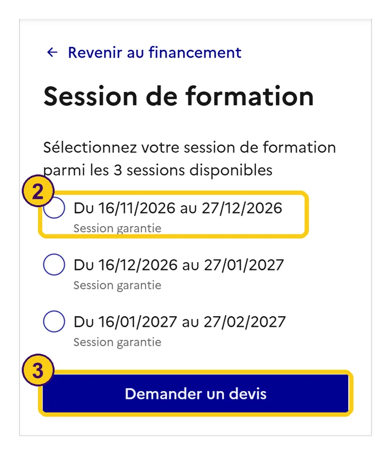 Liste des sessions de la formation sur Mon Compte Formation, avec une session cochée et le bouton Demander un devis