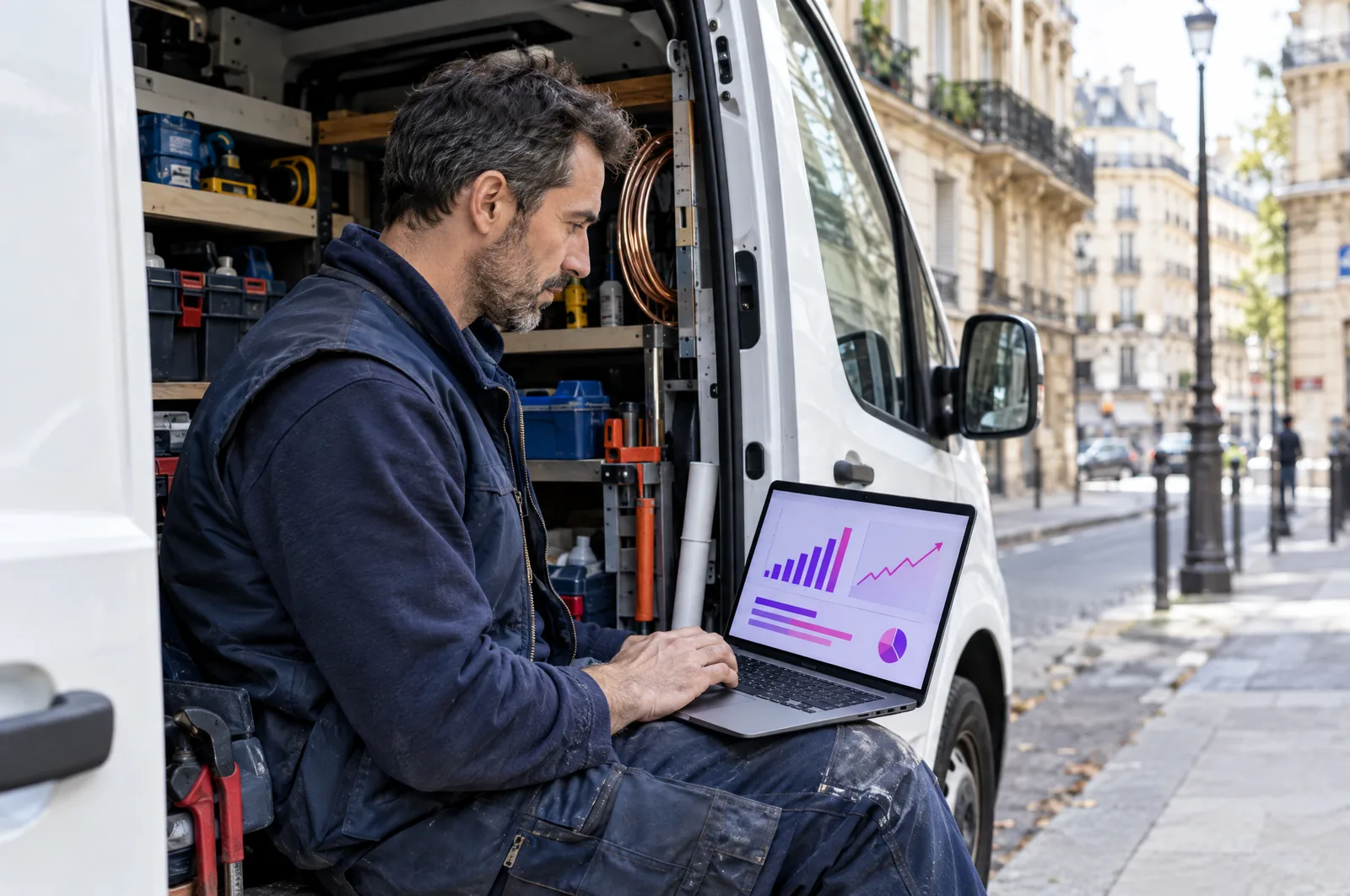 Un artisan plombier assis dans sa camionnette consulte les graphiques de sa campagne sur un ordinateur portable