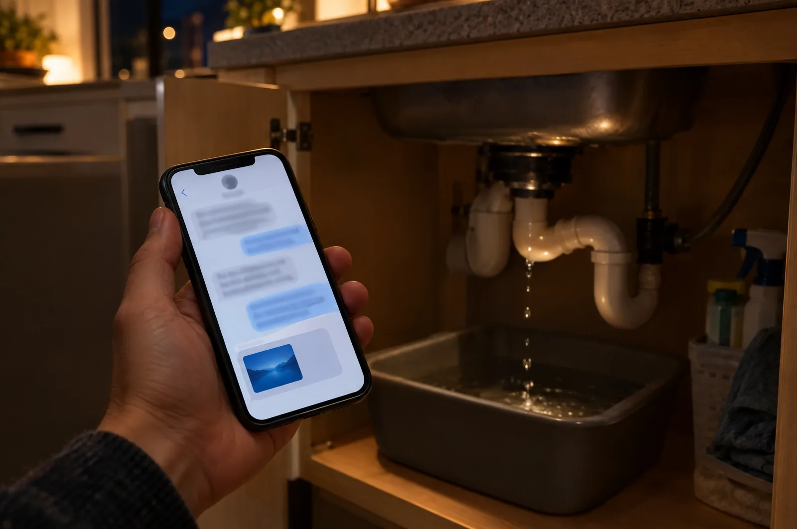 Gros plan sur un téléphone affichant une conversation avec un encadré sponsorisé en bas, au-dessus d'une fuite d'eau
