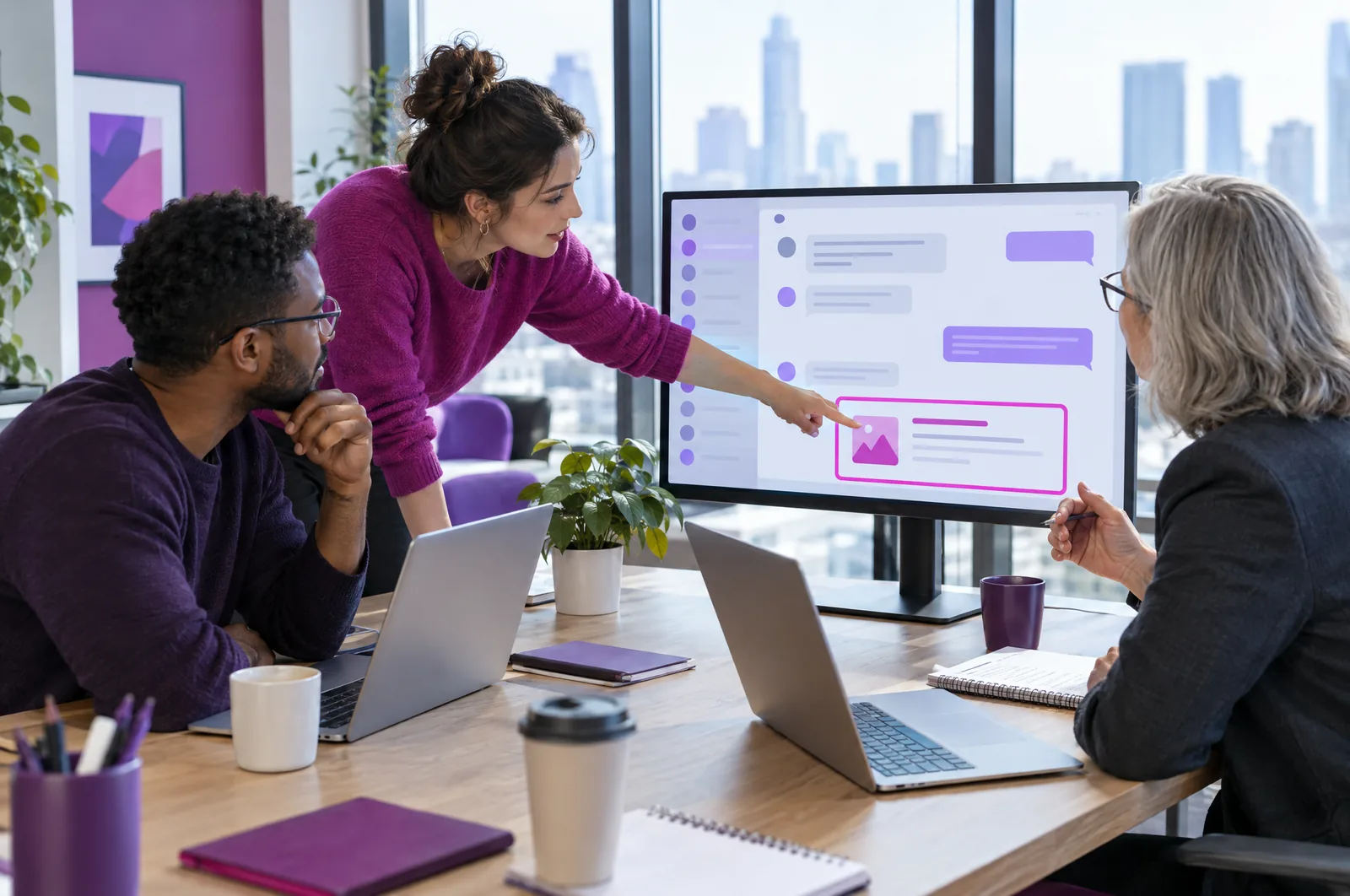 Une petite équipe marketing discute devant un écran qui affiche une conversation et un encadré sponsorisé
