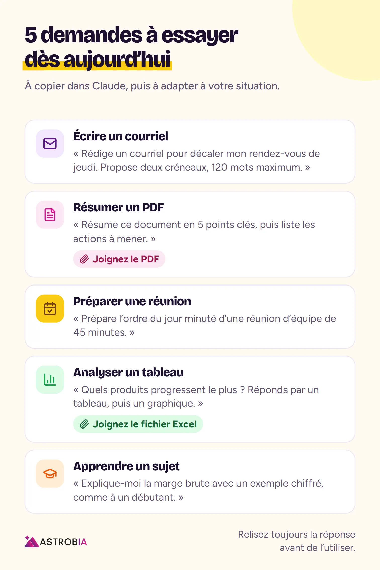 Cinq demandes à essayer dans Claude, écrire un courriel, résumer un PDF, préparer une réunion, analyser un tableau et apprendre un nouveau sujet