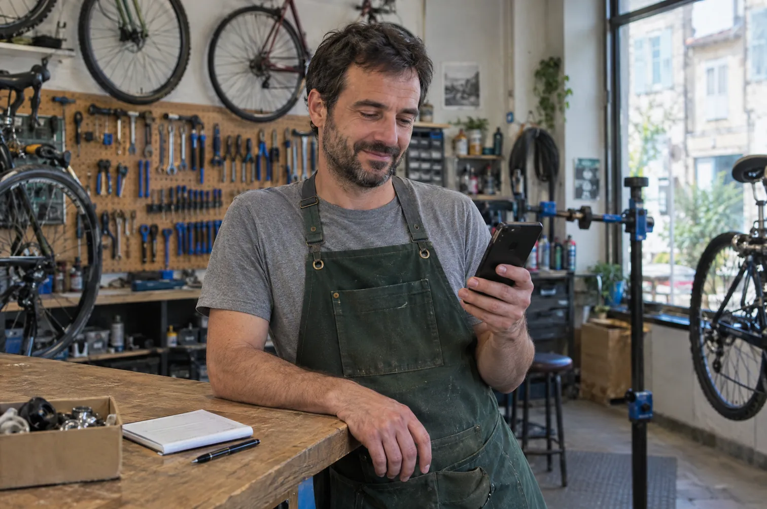 Le gérant d'un atelier de réparation de vélos lit une réponse de Claude sur son téléphone, accoudé à son comptoir