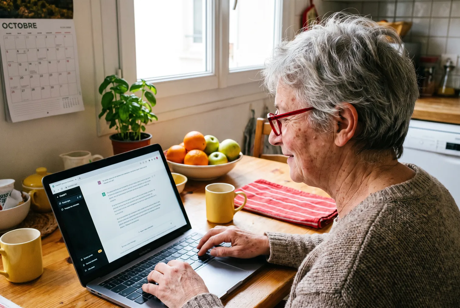 Une femme d'une soixantaine d'années, lunettes et cheveux gris, utilise ChatGPT sur son ordinateur portable à la table de sa cuisine